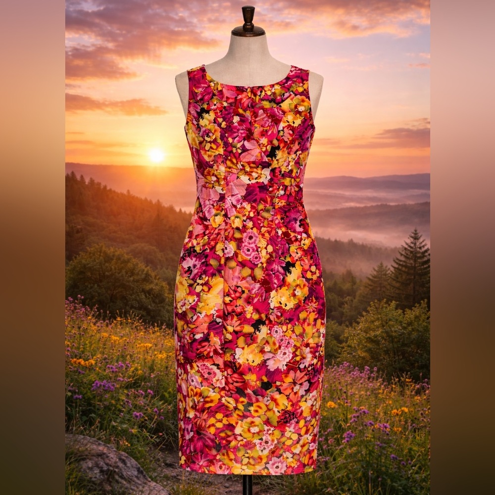 S.L. Fashions Pink and Yellow Floral Midi Dress